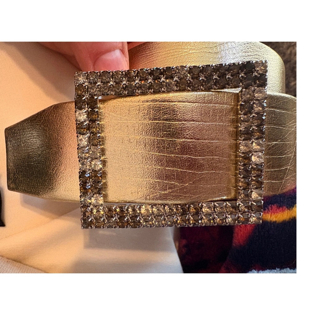 Callanan Gold Metallic Textured Leather Belt with Rhinestone Square Buckle - Picture 4 of 6
